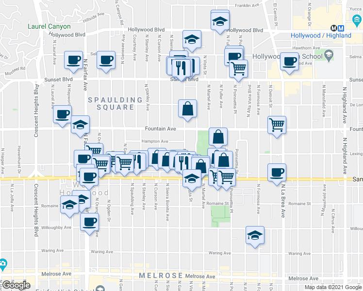 map of restaurants, bars, coffee shops, grocery stores, and more near 7508 Hampton Avenue in West Hollywood
