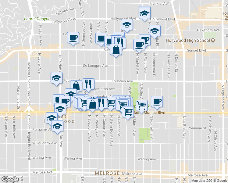 map of restaurants, bars, coffee shops, grocery stores, and more near 7548 Hampton Avenue in West Hollywood