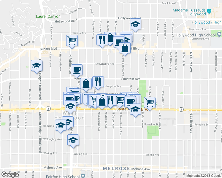 map of restaurants, bars, coffee shops, grocery stores, and more near 7630 Hampton Avenue in Los Angeles