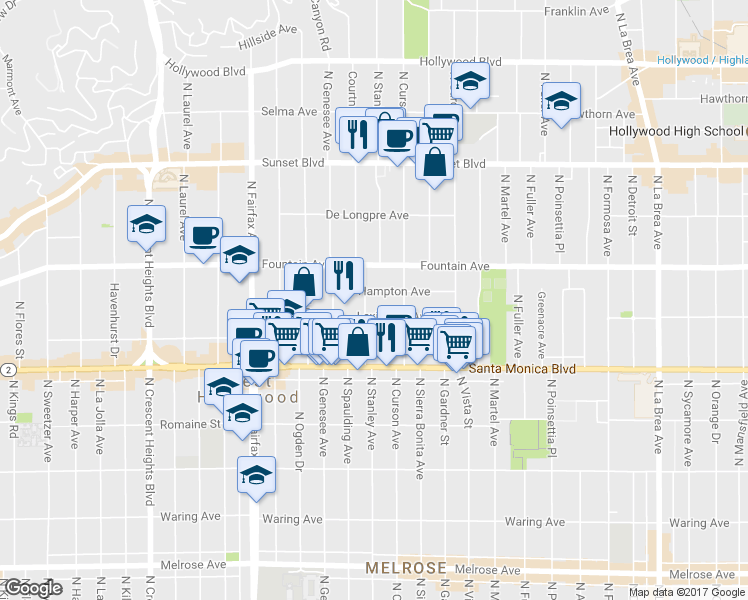 map of restaurants, bars, coffee shops, grocery stores, and more near 7630 Hampton Avenue in Los Angeles