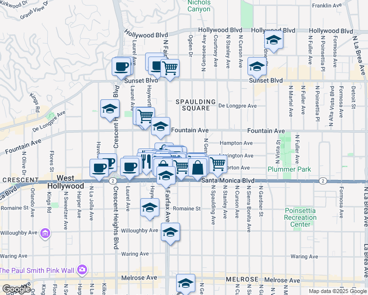 map of restaurants, bars, coffee shops, grocery stores, and more near 1221 North Orange Grove Avenue in West Hollywood