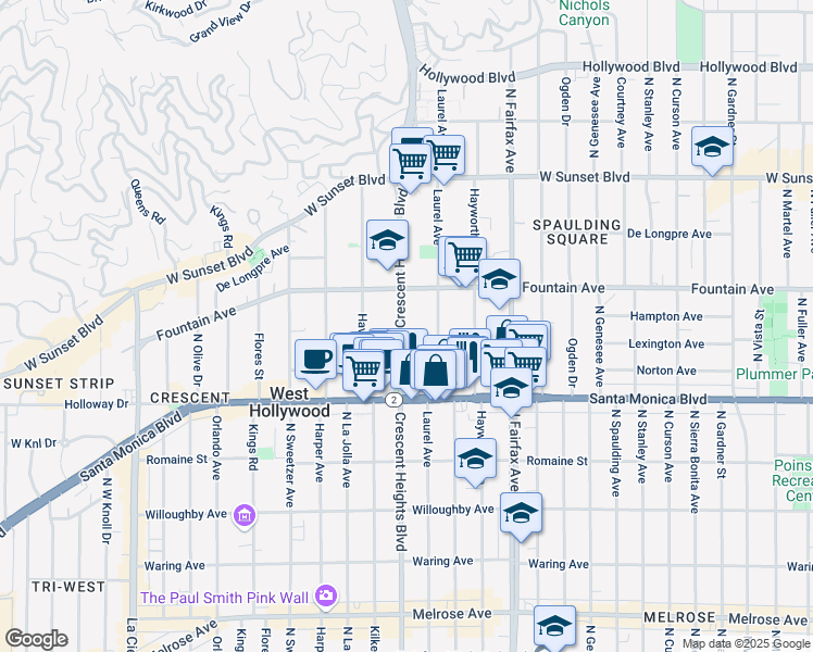 map of restaurants, bars, coffee shops, grocery stores, and more near 1261 North Laurel Avenue in West Hollywood