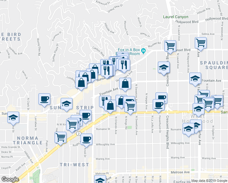 map of restaurants, bars, coffee shops, grocery stores, and more near 1307 North Olive Drive in West Hollywood
