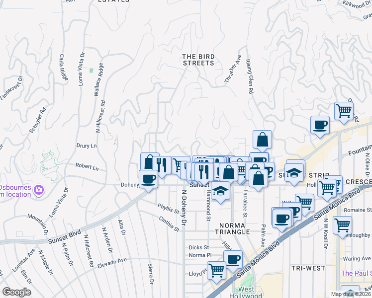 map of restaurants, bars, coffee shops, grocery stores, and more near 1249 North Wetherly Drive in Los Angeles