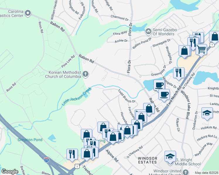 map of restaurants, bars, coffee shops, grocery stores, and more near 512 Todd Branch Drive in Columbia