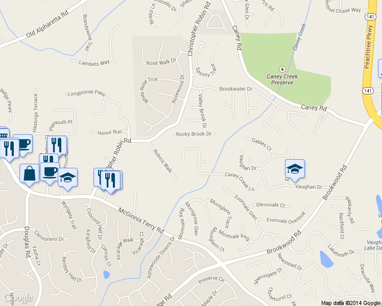 map of restaurants, bars, coffee shops, grocery stores, and more near 3465 Caney Creek Lane in Cumming