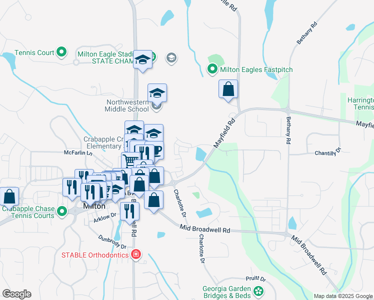 map of restaurants, bars, coffee shops, grocery stores, and more near 980 Mayfield Road in Alpharetta