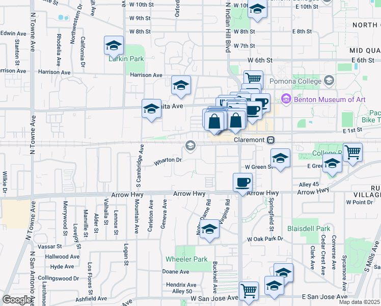 map of restaurants, bars, coffee shops, grocery stores, and more near 535 Watson Drive in Claremont