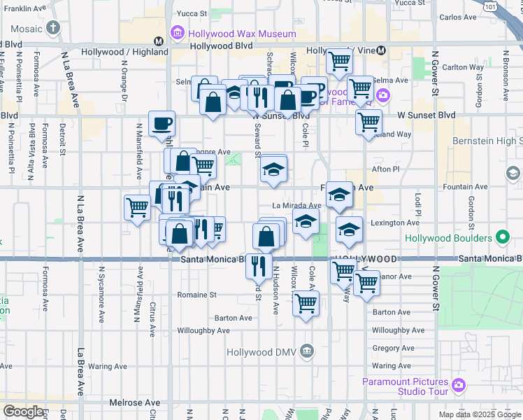 map of restaurants, bars, coffee shops, grocery stores, and more near 6556 La Mirada Avenue in Los Angeles