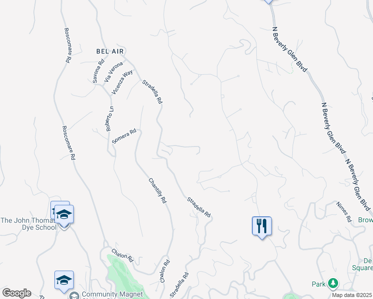 map of restaurants, bars, coffee shops, grocery stores, and more near 10715 Stradella Court in Los Angeles