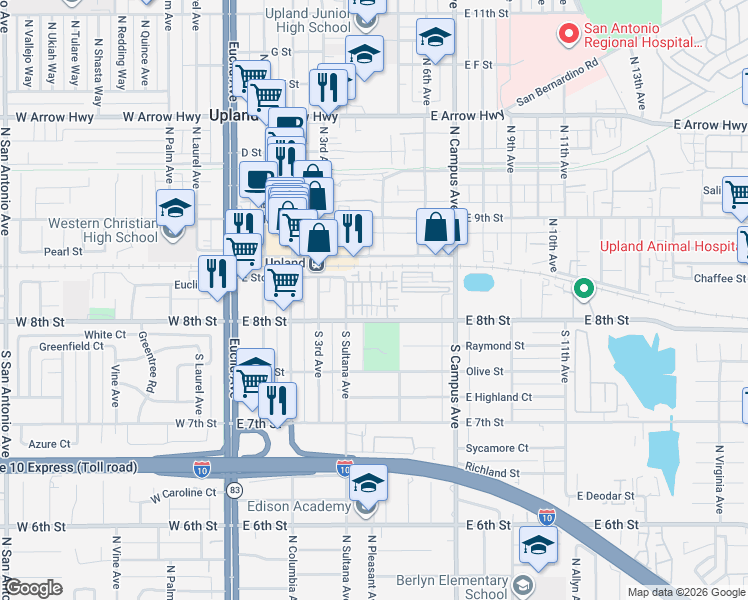 map of restaurants, bars, coffee shops, grocery stores, and more near 148 Royal Way in Upland