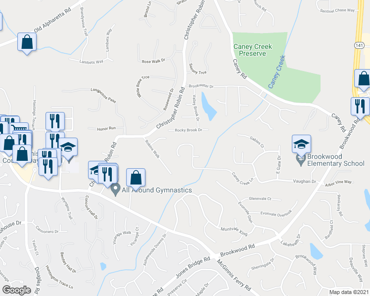 map of restaurants, bars, coffee shops, grocery stores, and more near 3465 Caney Creek Lane in Cumming