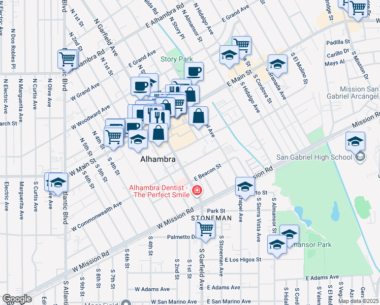 map of restaurants, bars, coffee shops, grocery stores, and more near 68 East Bay State Street in Alhambra