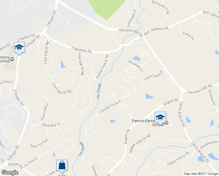 map of restaurants, bars, coffee shops, grocery stores, and more near 3665 Mystic Dr in Buford