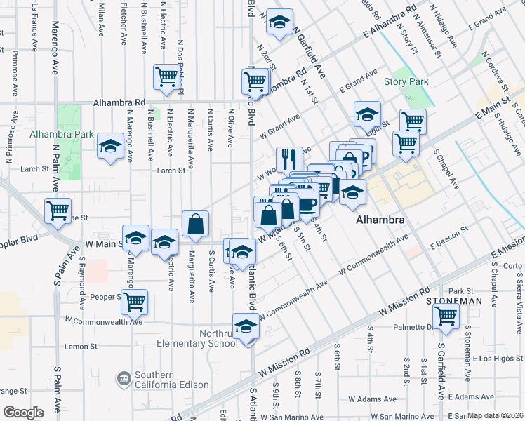 map of restaurants, bars, coffee shops, grocery stores, and more near 525 Howard Street in Alhambra