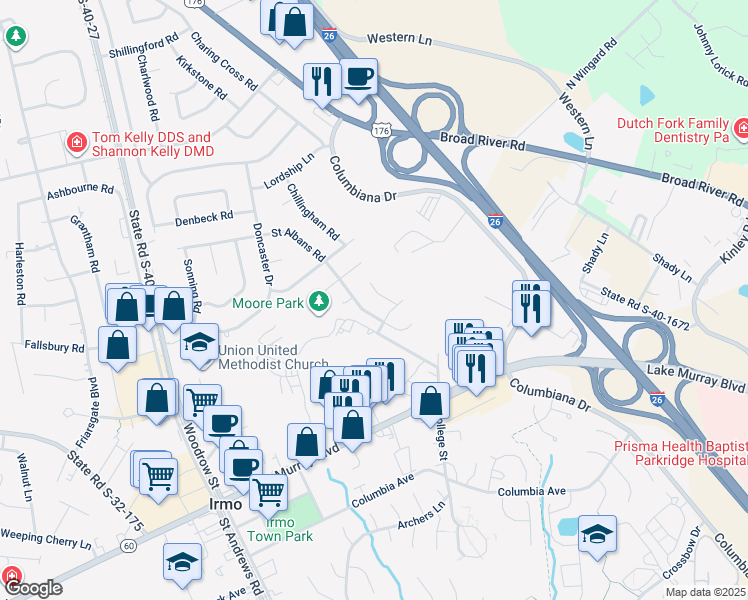 map of restaurants, bars, coffee shops, grocery stores, and more near 7 Stanford Ridge Court in Irmo