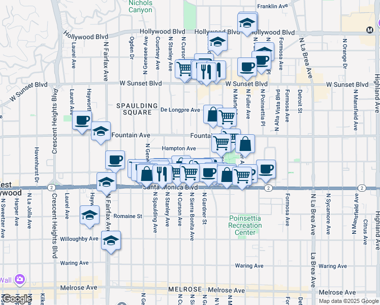map of restaurants, bars, coffee shops, grocery stores, and more near 7548 Hampton Avenue in West Hollywood