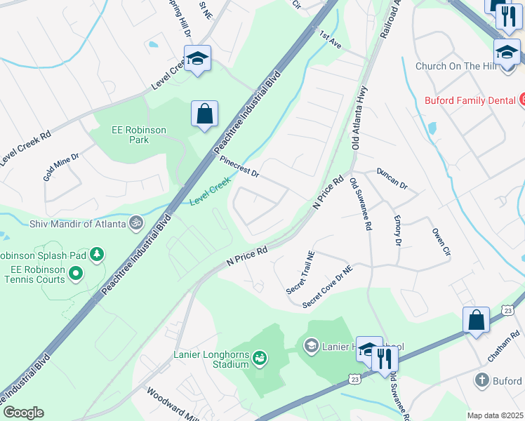 map of restaurants, bars, coffee shops, grocery stores, and more near 936 Crested Hawk Trail in Sugar Hill