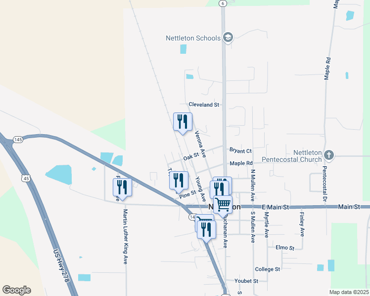 map of restaurants, bars, coffee shops, grocery stores, and more near 117 Young Avenue in Nettleton