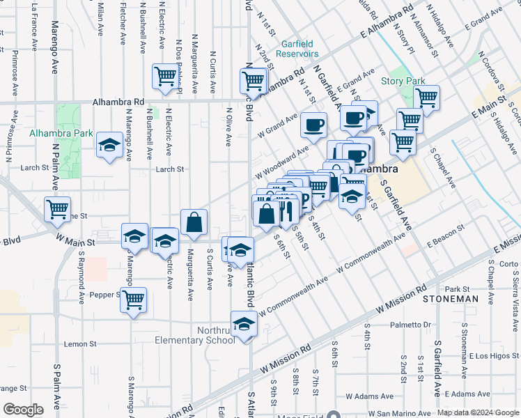 map of restaurants, bars, coffee shops, grocery stores, and more near 525 Howard Street in Alhambra