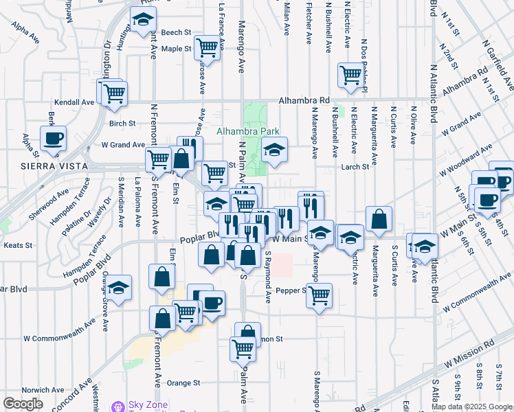 map of restaurants, bars, coffee shops, grocery stores, and more near 112 North Palm Avenue in Alhambra