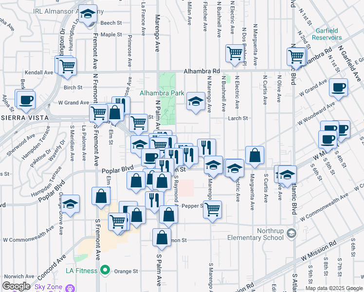 map of restaurants, bars, coffee shops, grocery stores, and more near 2 Alhambra Road in Alhambra