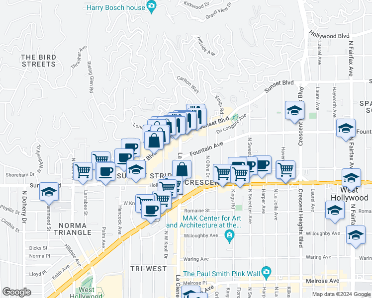 map of restaurants, bars, coffee shops, grocery stores, and more near 1220 North La Cienega Boulevard in West Hollywood