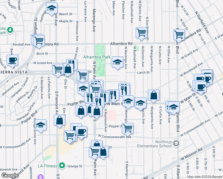 map of restaurants, bars, coffee shops, grocery stores, and more near 1901 Vine Street in Alhambra