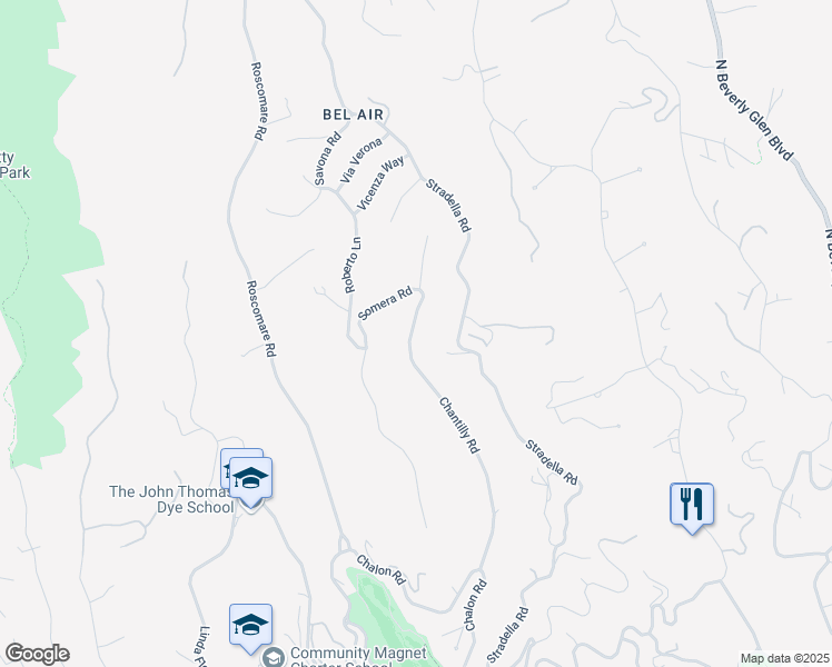 map of restaurants, bars, coffee shops, grocery stores, and more near 1132 Chantilly Road in Los Angeles