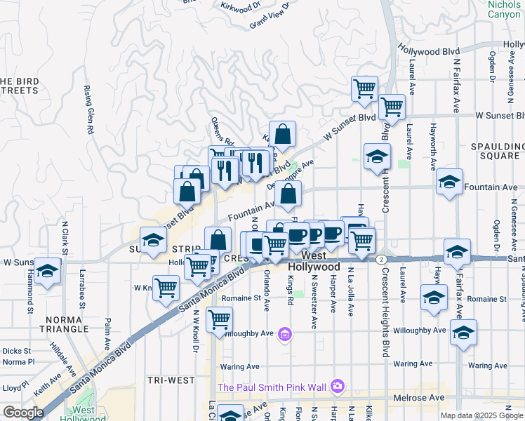 map of restaurants, bars, coffee shops, grocery stores, and more near 1307 North Olive Drive in West Hollywood