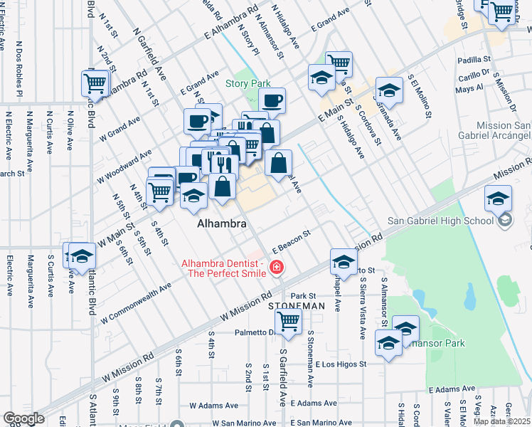 map of restaurants, bars, coffee shops, grocery stores, and more near 68 East Bay State Street in Alhambra