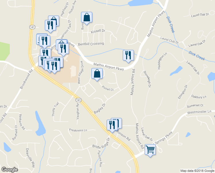 map of restaurants, bars, coffee shops, grocery stores, and more near 420 Pintail Court in Suwanee