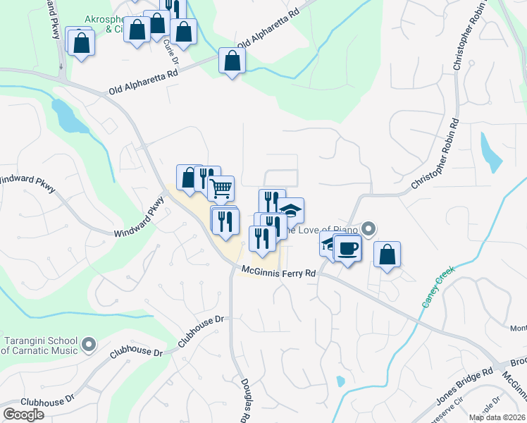 map of restaurants, bars, coffee shops, grocery stores, and more near 5325 Donehoo Court in Alpharetta