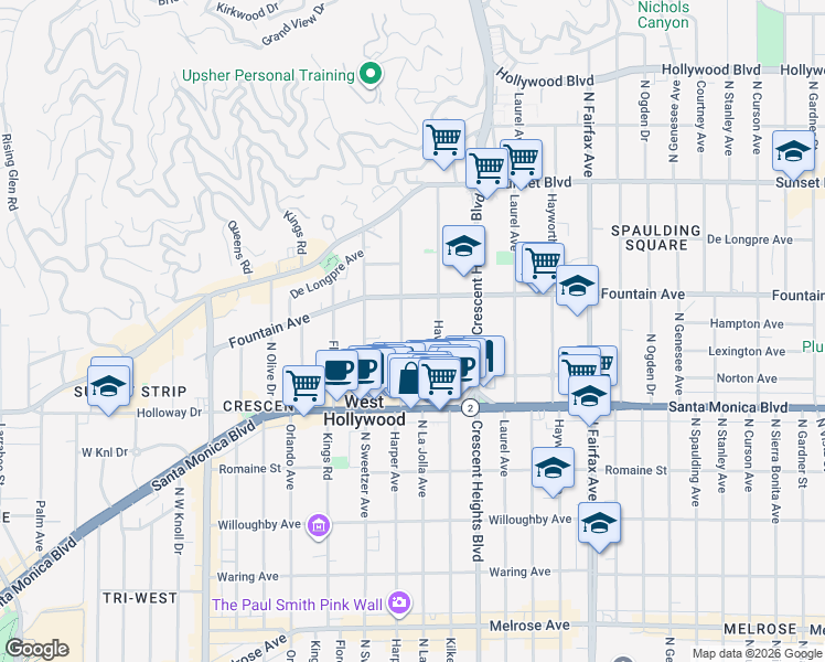 map of restaurants, bars, coffee shops, grocery stores, and more near 1250 North Harper Avenue in West Hollywood