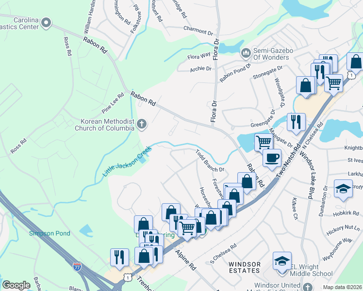 map of restaurants, bars, coffee shops, grocery stores, and more near 512 Todd Branch Drive in Columbia