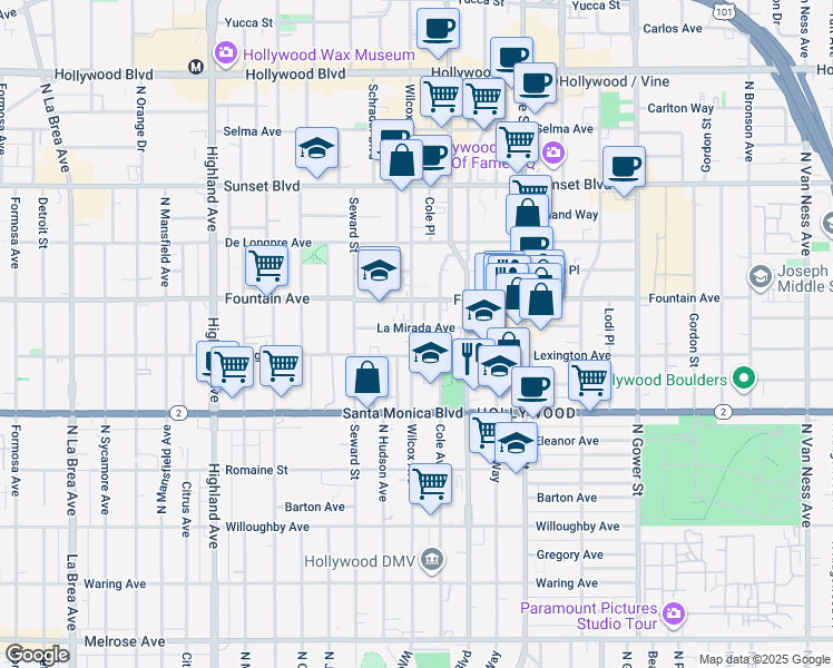 map of restaurants, bars, coffee shops, grocery stores, and more near 2 Cole Place in Los Angeles
