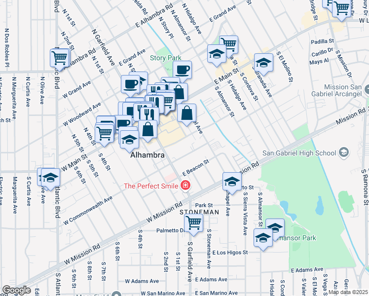 map of restaurants, bars, coffee shops, grocery stores, and more near 85 East Commonwealth Avenue in Alhambra