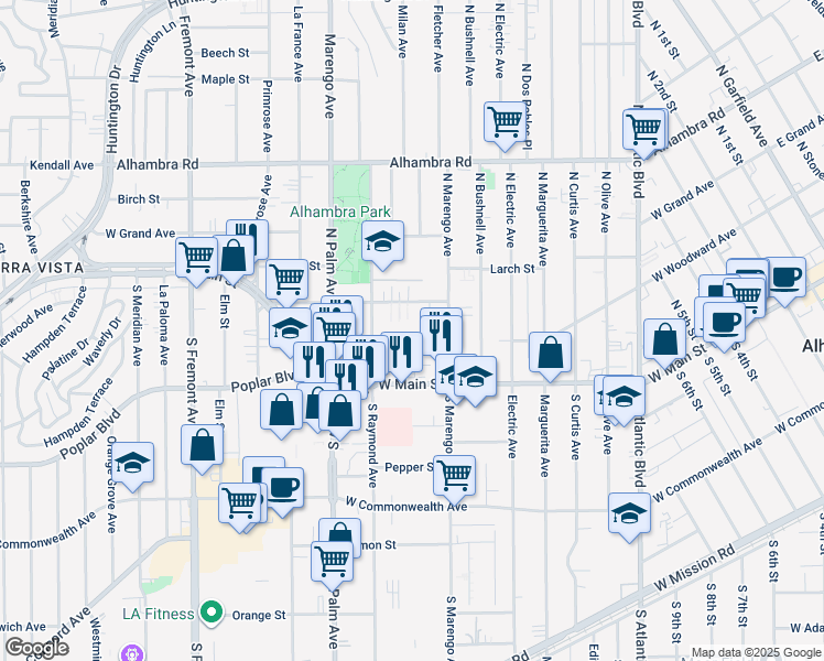map of restaurants, bars, coffee shops, grocery stores, and more near 1805 Vine Street in Alhambra