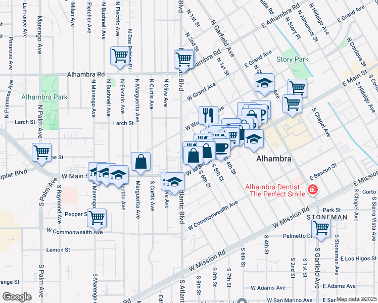 map of restaurants, bars, coffee shops, grocery stores, and more near 525 Howard Street in Alhambra