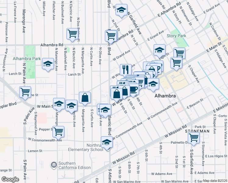 map of restaurants, bars, coffee shops, grocery stores, and more near 525 Howard Street in Alhambra