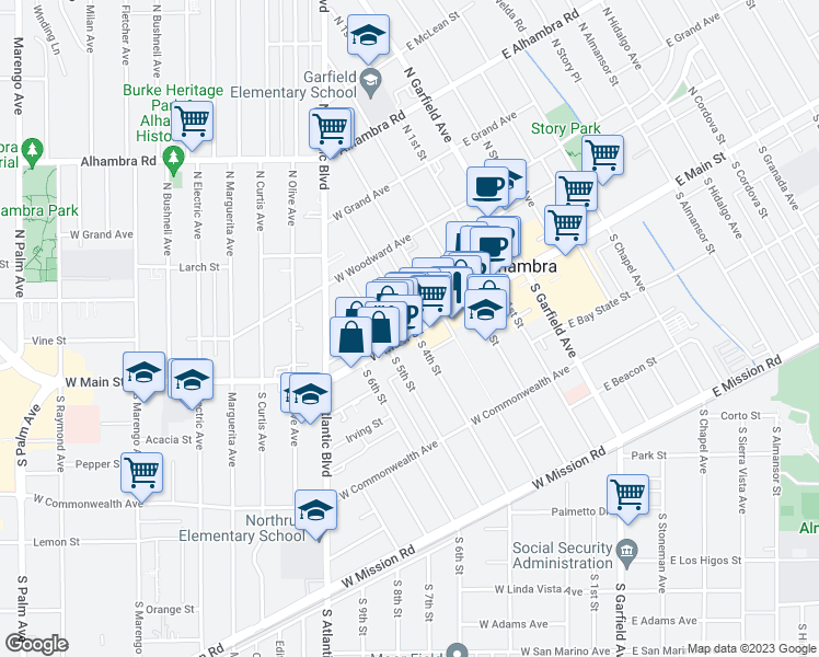 map of restaurants, bars, coffee shops, grocery stores, and more near 401 West Main Street in Alhambra