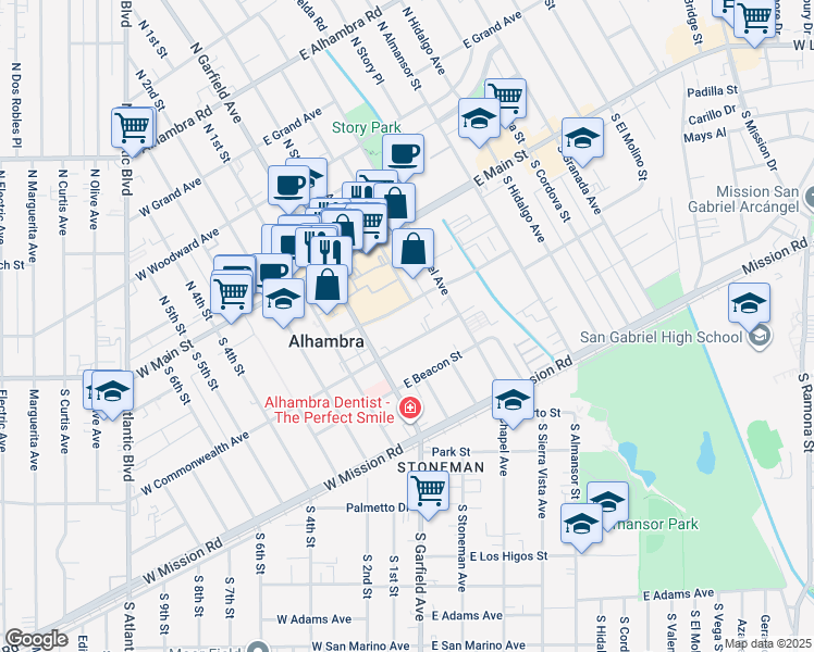 map of restaurants, bars, coffee shops, grocery stores, and more near 85 East Commonwealth Avenue in Alhambra