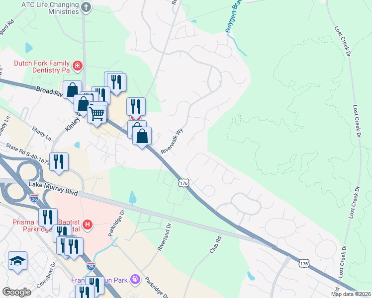 map of restaurants, bars, coffee shops, grocery stores, and more near 103 Woodspur Road in Irmo