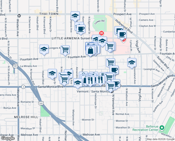 map of restaurants, bars, coffee shops, grocery stores, and more near 1185 North Edgemont Street in Los Angeles