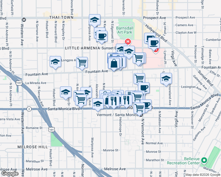map of restaurants, bars, coffee shops, grocery stores, and more near 1185 North Edgemont Street in Los Angeles