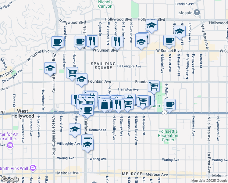 map of restaurants, bars, coffee shops, grocery stores, and more near 7720 Hampton Avenue in Los Angeles