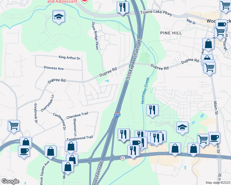 map of restaurants, bars, coffee shops, grocery stores, and more near 643 Stickley Oak Way in Woodstock