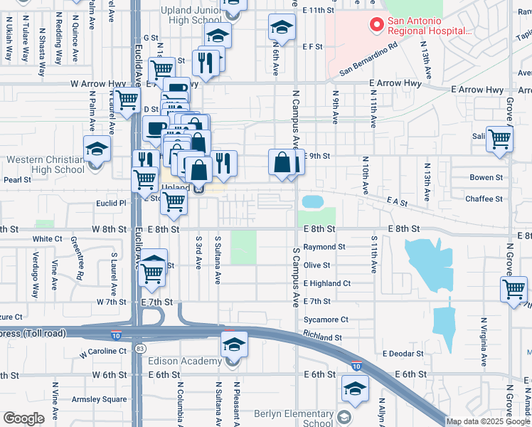 map of restaurants, bars, coffee shops, grocery stores, and more near 623 East 8th Street in Upland
