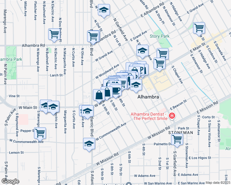 map of restaurants, bars, coffee shops, grocery stores, and more near 333 West Main Street in Alhambra