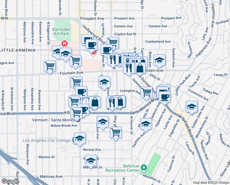 map of restaurants, bars, coffee shops, grocery stores, and more near 1201 North Virgil Avenue in Los Angeles